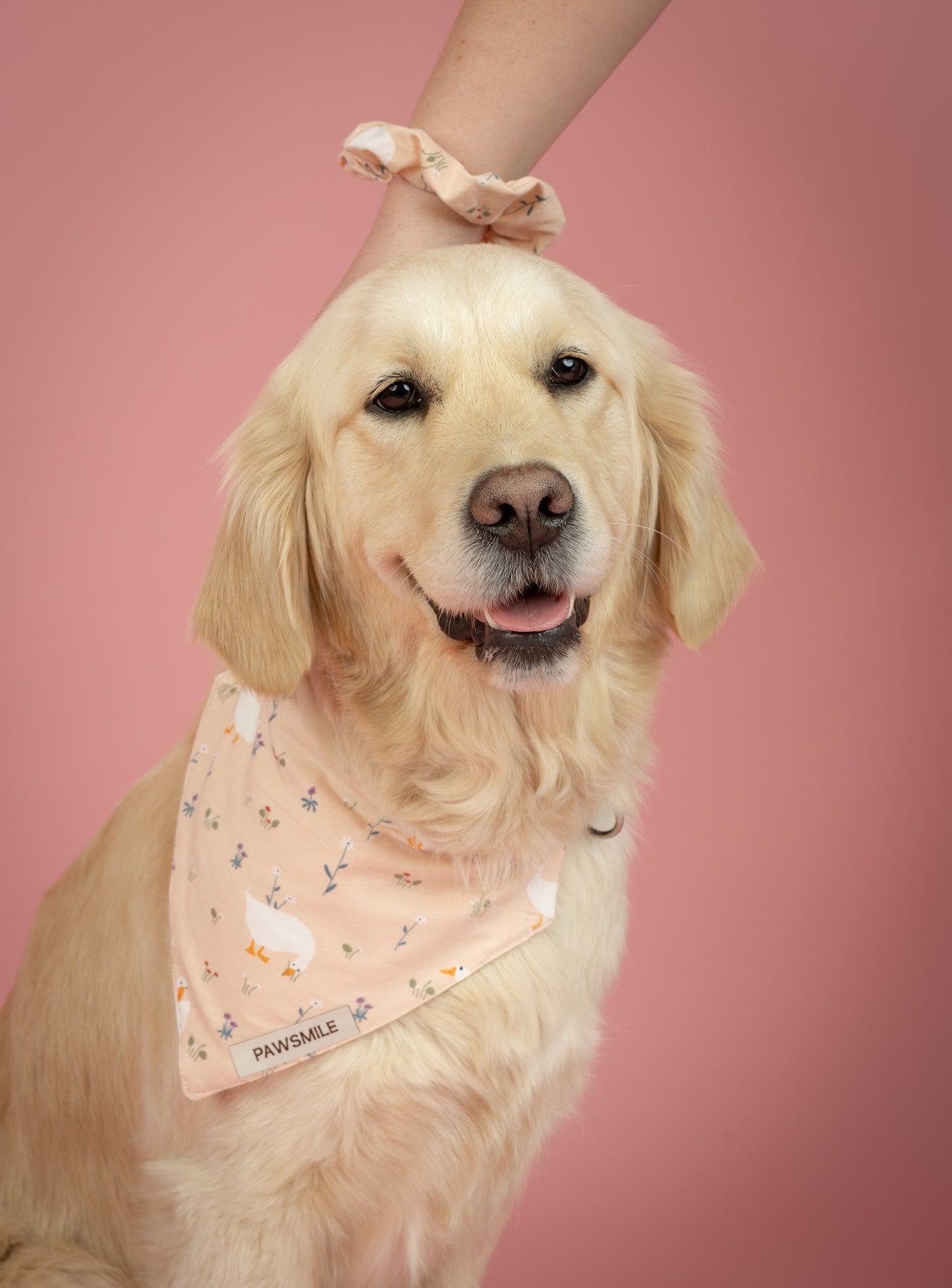 Goose Garden – Bandana met Gansjes en Bloemetjes op Lichtroze Stof